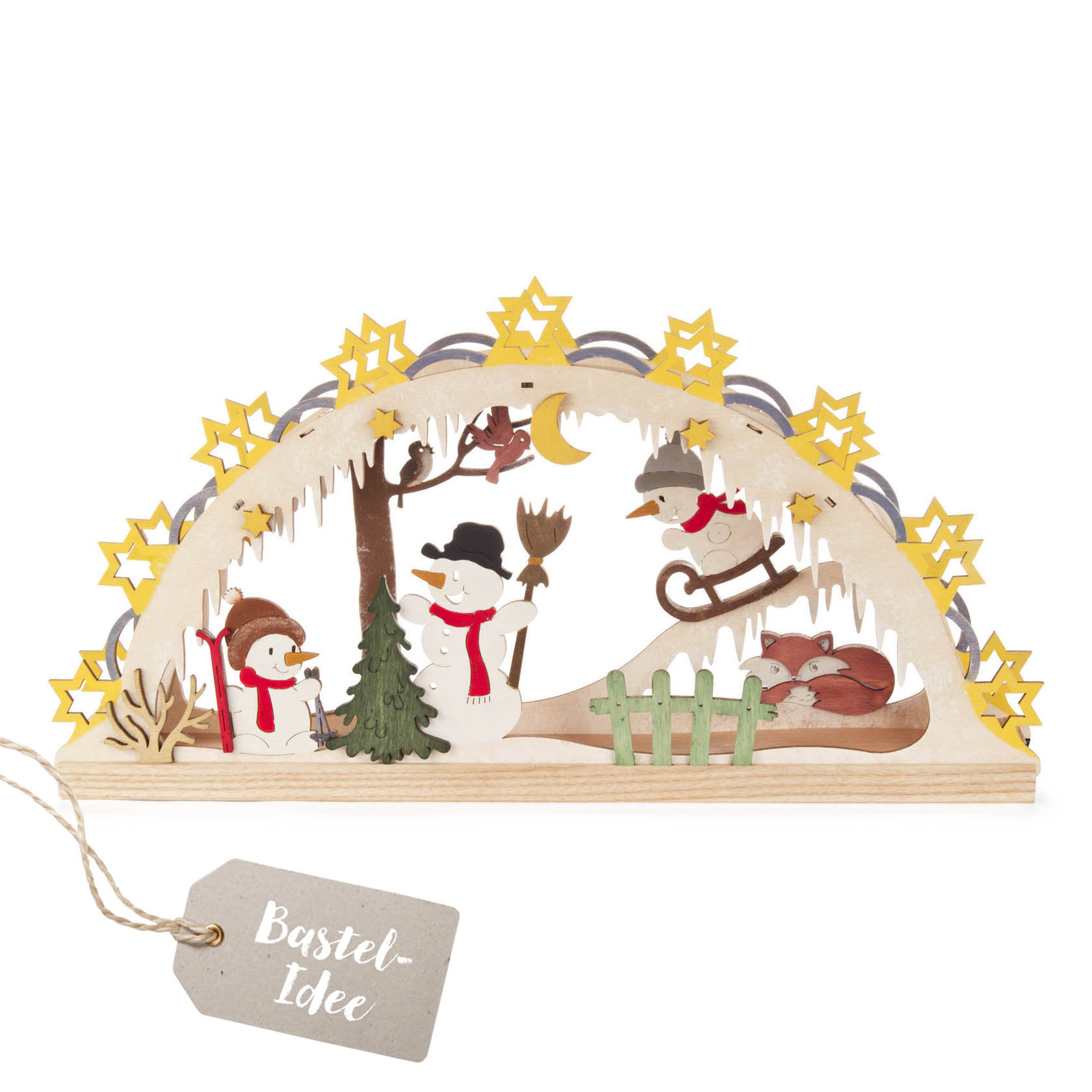 Dekorativer Holz-Schwibbogen mit Schneemännern, Tieren und LED-Lichtband in festlicher Winterlandschaft. im Dregeno Online Shop günstig kaufen