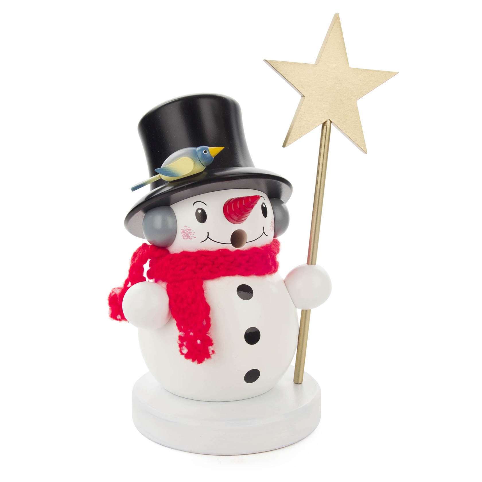 Ein Räuchermann in Form eines Schneemanns mit schwarzem Zylinder und rotem Schal, der einen goldenen Stern hält. Auf seinem Hut sitzt ein kleiner Vogel. im Dregeno Online Shop günstig kaufen