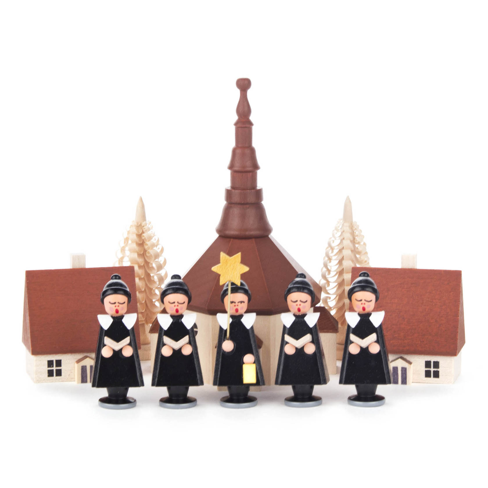 Fünf schwarze Kurrendefiguren vor einem Modell eines Seiffener Dorfes mit einer Kirche und zwei Häusern. Eine Figur hält einen goldenen Stern. im Dregeno Online Shop günstig kaufen