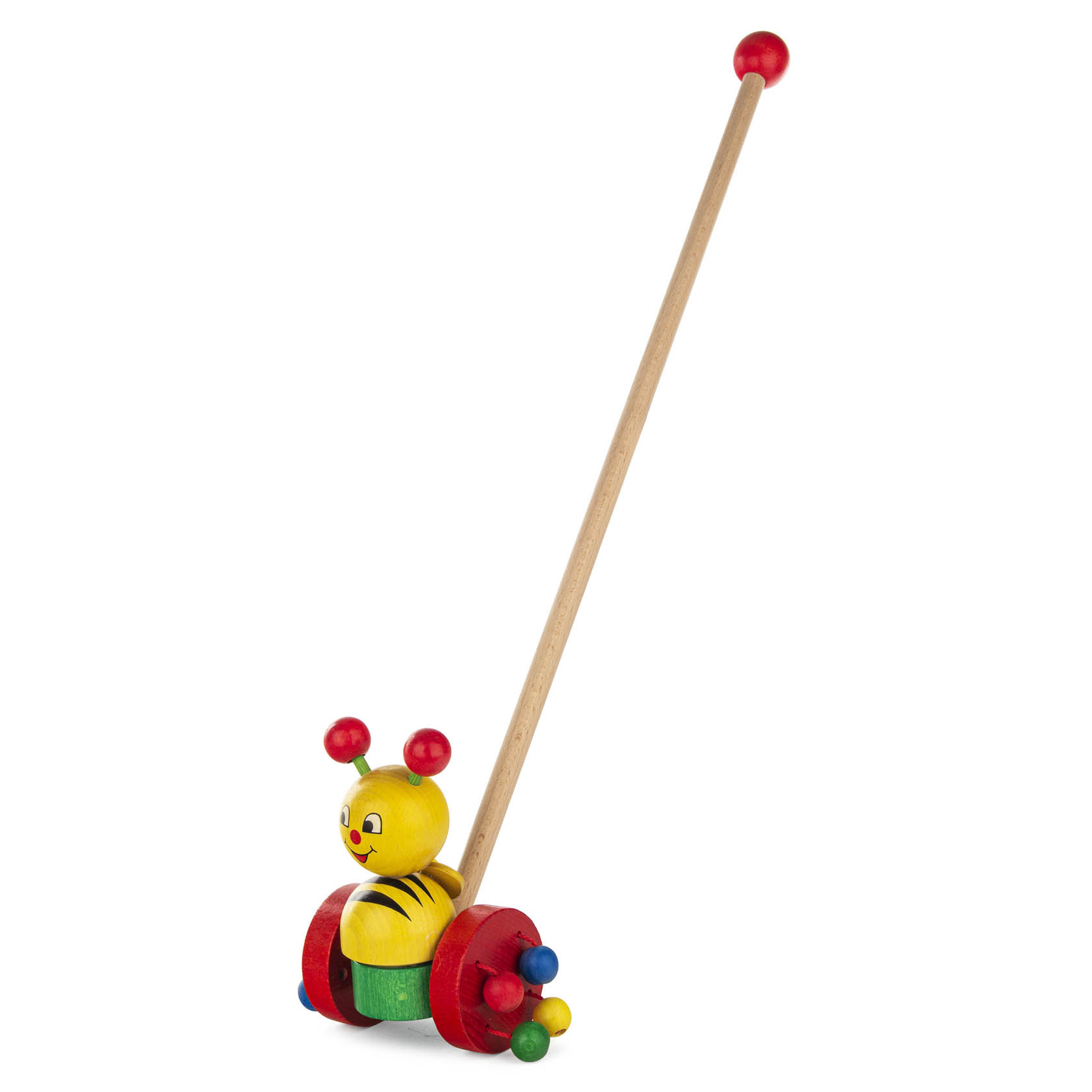 Ein bunter Schiebestock mit einer Holzfigur in Form einer gelben Biene, die auf roten Rädern mit bunten Kugeln montiert ist. im Dregeno Online Shop günstig kaufen