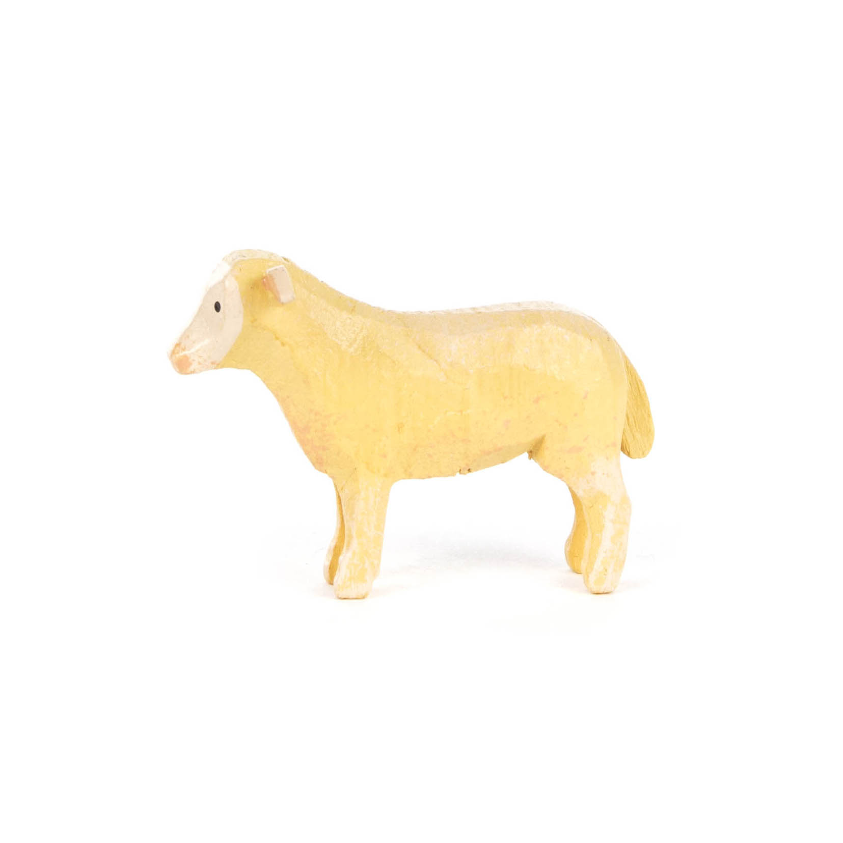 Handgeschnitzte Holzfigur eines Schafs mit gelbem Körper und weißen Details für Kopf und Beine. im Dregeno Online Shop günstig kaufen