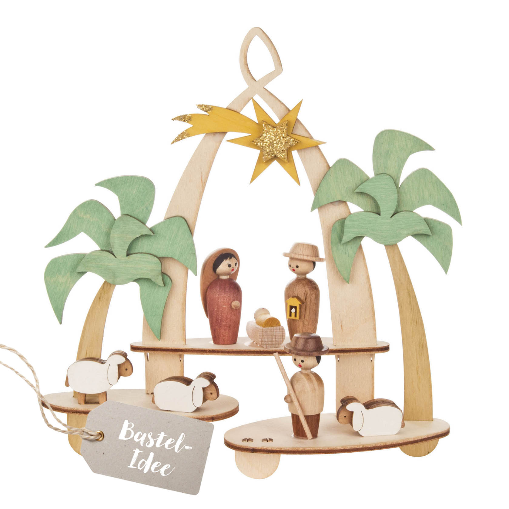 Wooden nativity scene window decoration set featuring Mary, Joseph, baby Jesus in a manger, two shepherds, sheep, palm trees, and a star. im Dregeno Online Shop günstig kaufen