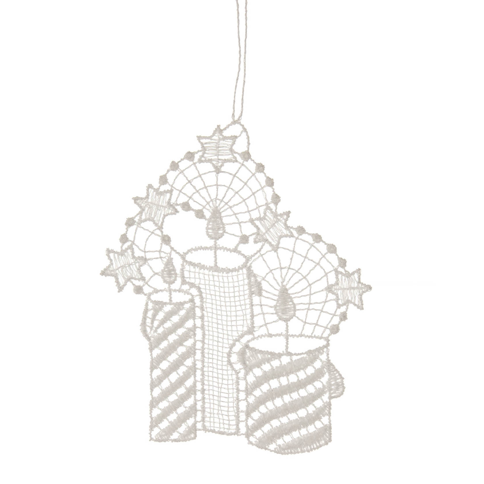 Hängende Spitze mit drei stilisierten Kerzen und Sternen, hergestellt aus Plauener Spitze, mit einem feinen Faden zum Aufhängen. im Dregeno Online Shop günstig kaufen