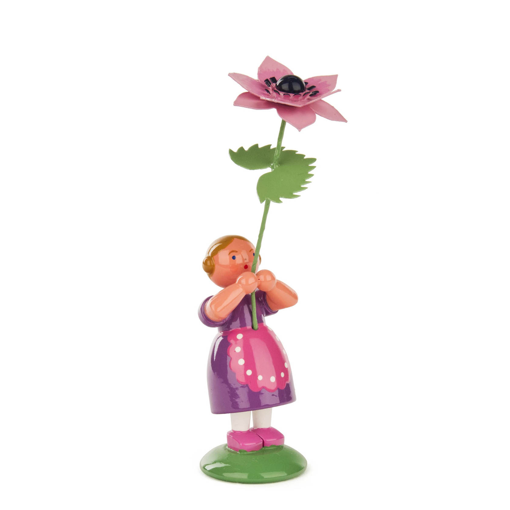 Holzfigur eines Mädchens in lila Kleid mit einer großen, rosa Anemone in der Hand. im Dregeno Online Shop günstig kaufen