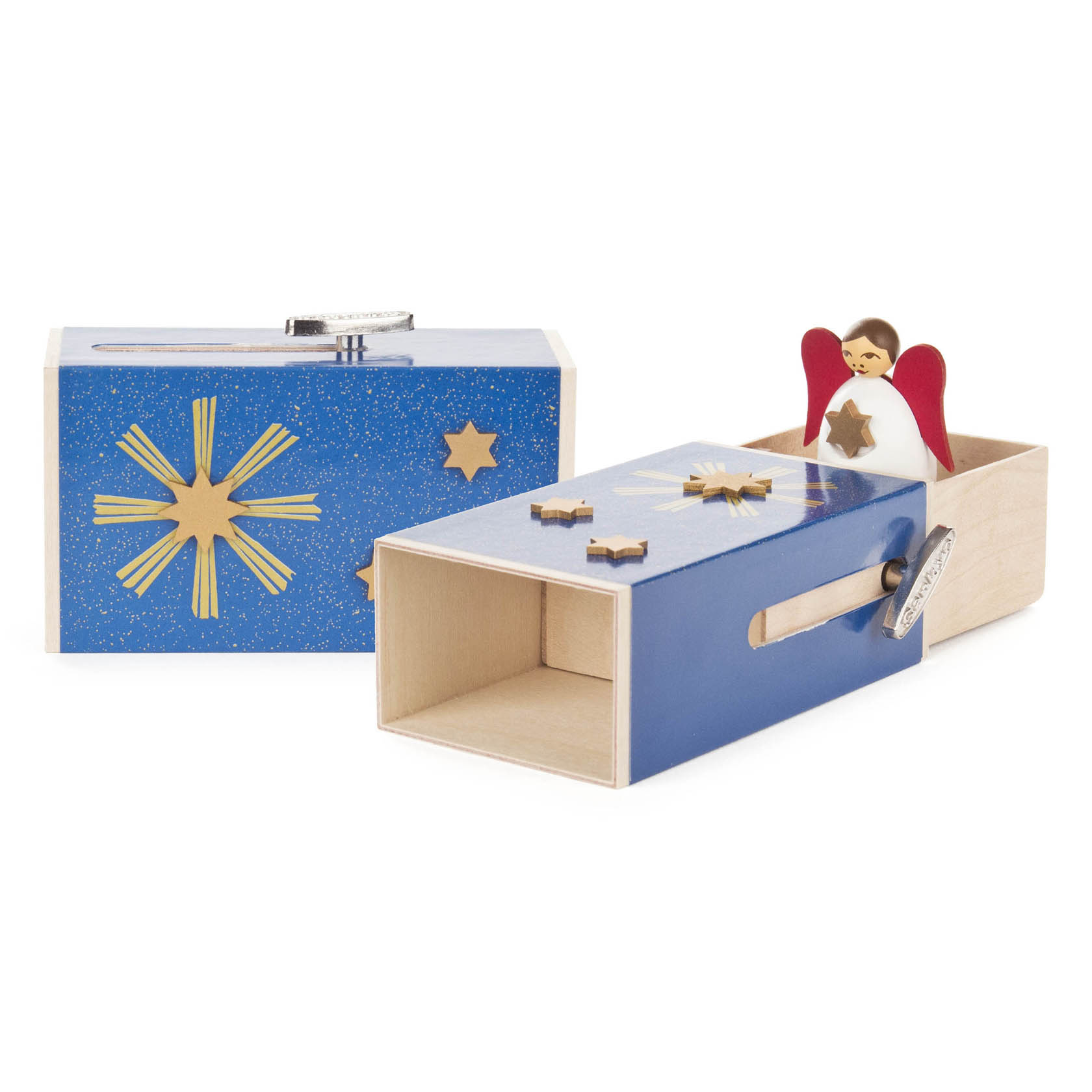 Zwei Schiebeboxen aus Holz, eine dekoriert mit einem Stern, die andere mit einem Engel, der eine Sternenkrone hält. Beide in Blau und mit Kurbel. im Dregeno Online Shop günstig kaufen