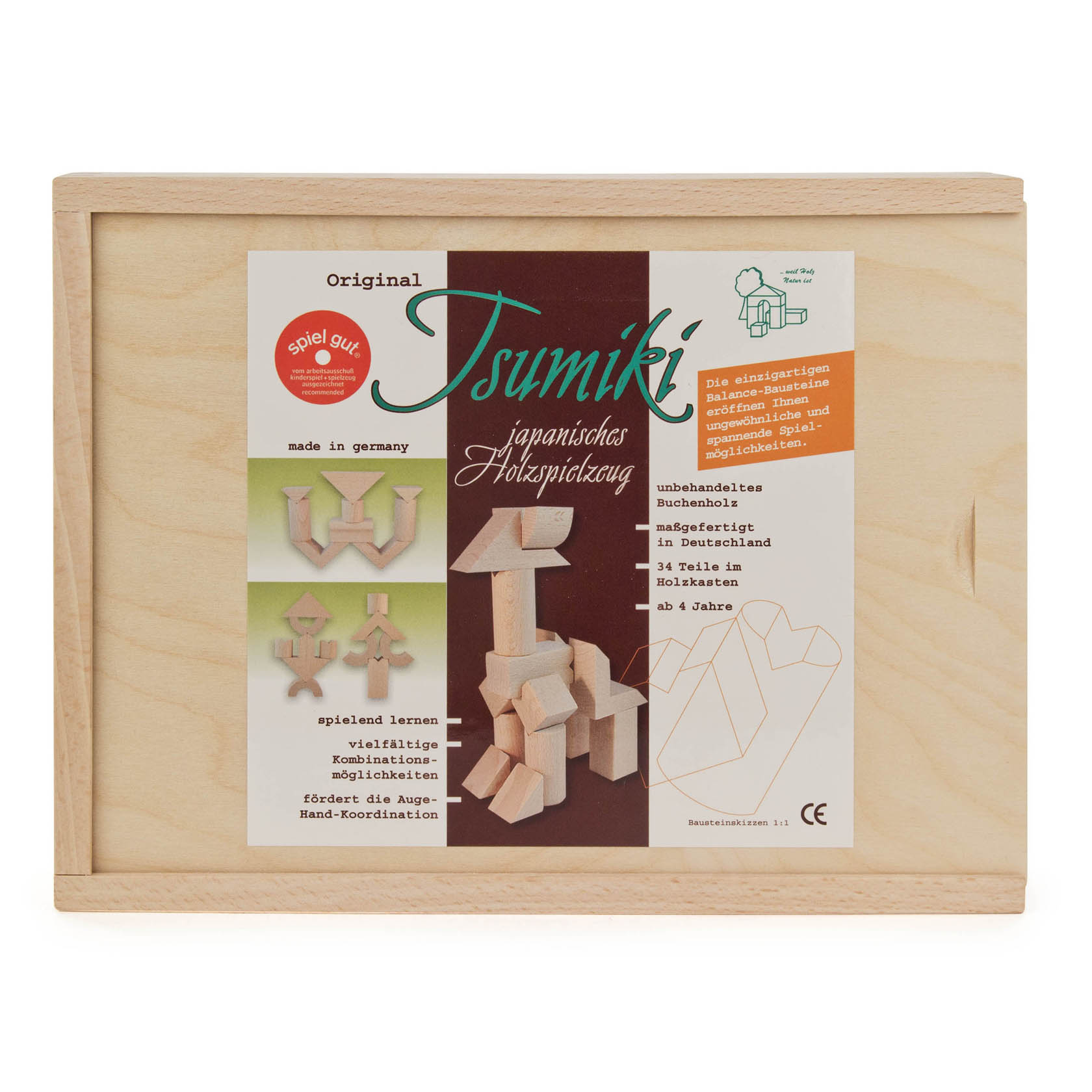 Tsumiki Balance-Bausteine: Holzkasten mit 34 naturbelassenen Holzbausteinen in verschiedenen Formen, ideal für kreative Konstruktionen. im Dregeno Online Shop günstig kaufen