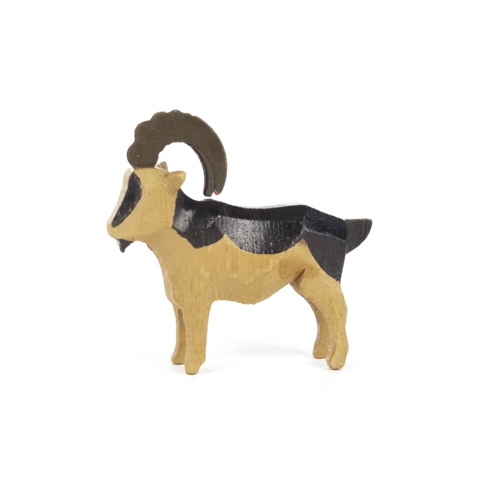 A small wooden goat figurine with brown body and black details, including horns and tail, standing. im Dregeno Online Shop günstig kaufen