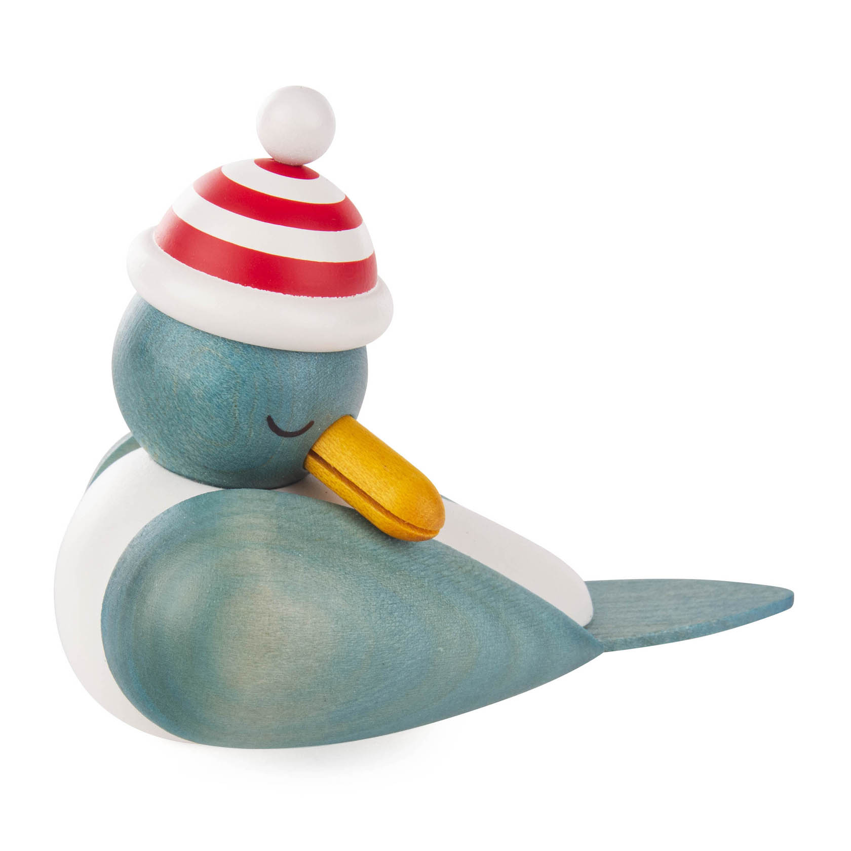 Holzfigur einer schlafenden blau-grauen Möwe mit geschlossenen Augen und rotem Schnabel, trägt eine rot-weiß gestreifte Mütze. im Dregeno Online Shop günstig kaufen