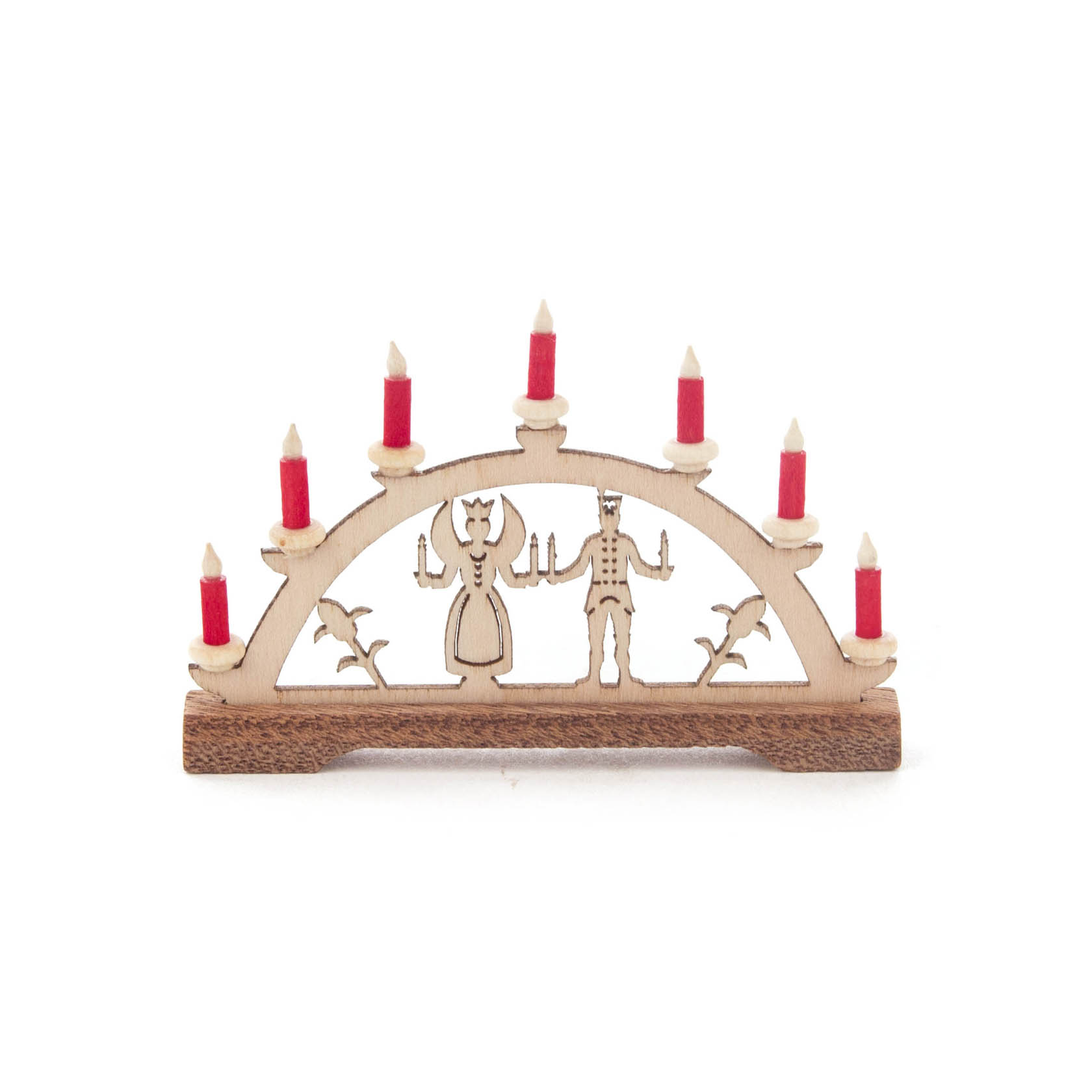 Miniatur-Schwibbogen aus Holz mit Engel und Bergmann, umgeben von sieben roten Kerzen. im Dregeno Online Shop günstig kaufen