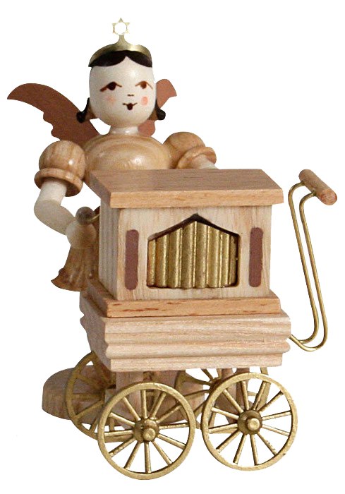 Holzfigur eines Engels mit goldbrauner Drehorgel und Flügeln in natürlicher Holzoptik. Der Engel hat rote Wangen und trägt eine goldene Krone. im Dregeno Online Shop günstig kaufen