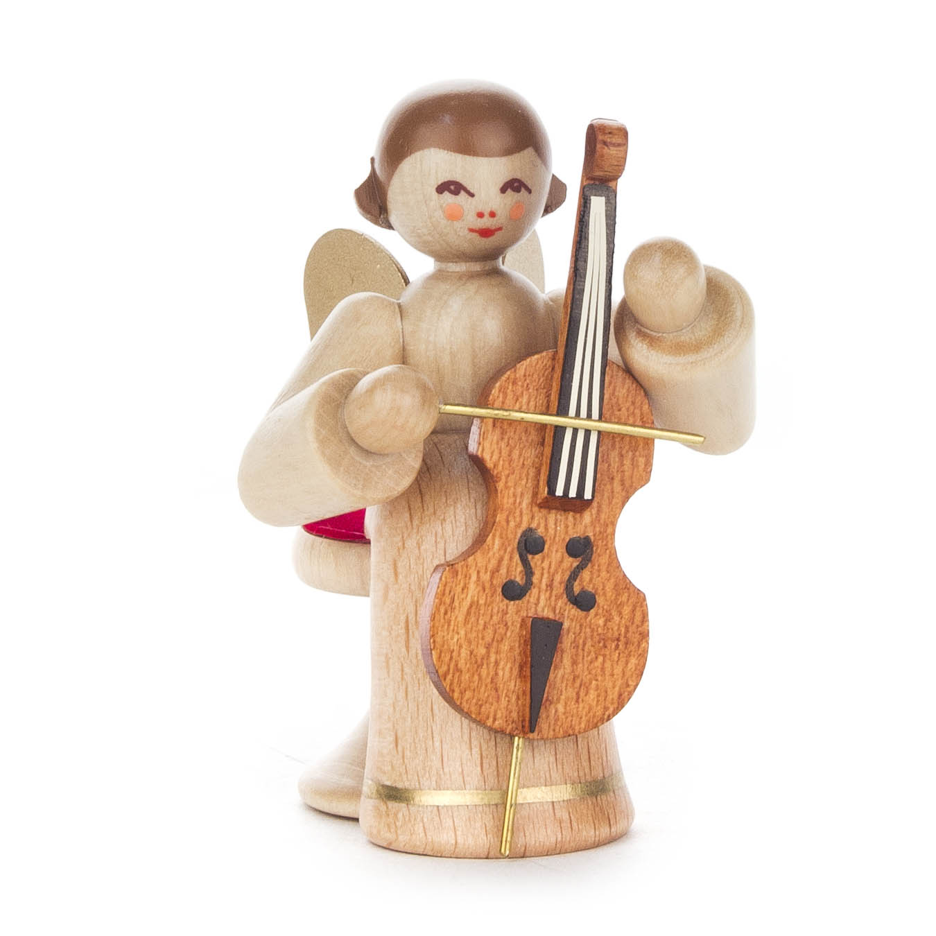 Holzengel mit hellbraunen Flügeln, sitzend und ein Cello spielend. Der Engel trägt ein langes Kleid, hat kurze braune Haare und rote Lippen. im Dregeno Online Shop günstig kaufen