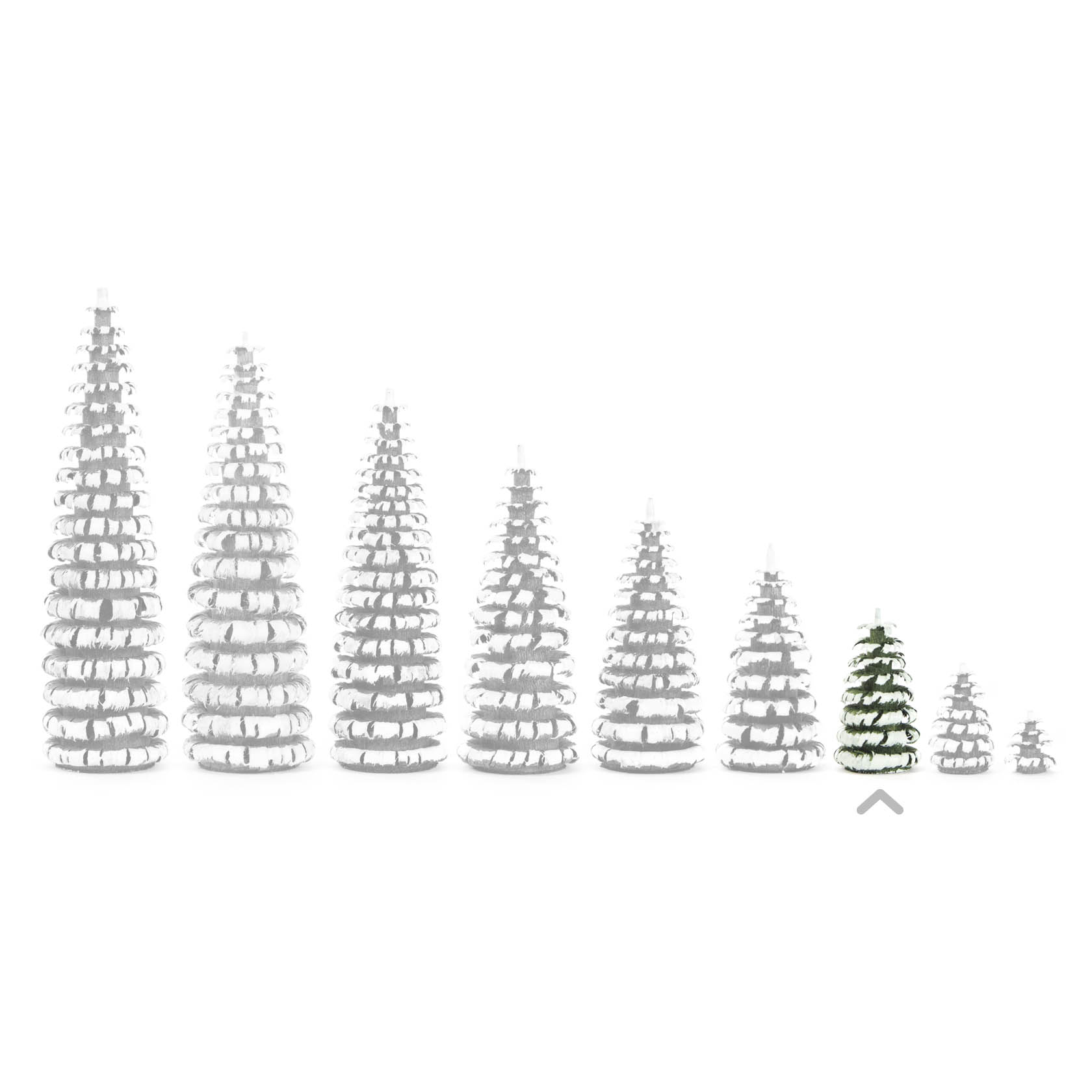 A collection of nine spiral-shaped Christmas trees in various sizes, primarily white, with the second smallest one in green and white.