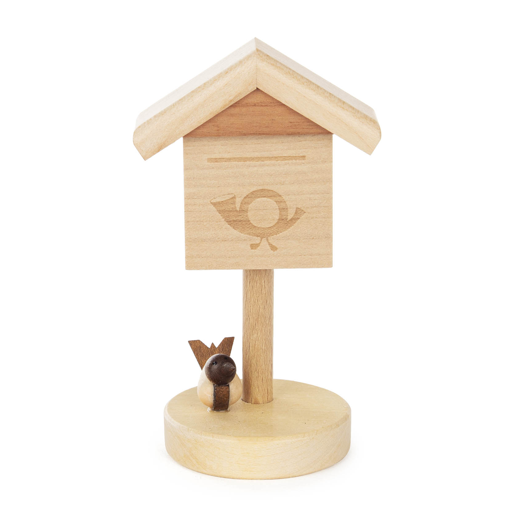 Holzmodell eines Briefkastens mit Postalogo und einem kleinen Vogel daneben. im Dregeno Online Shop günstig kaufen