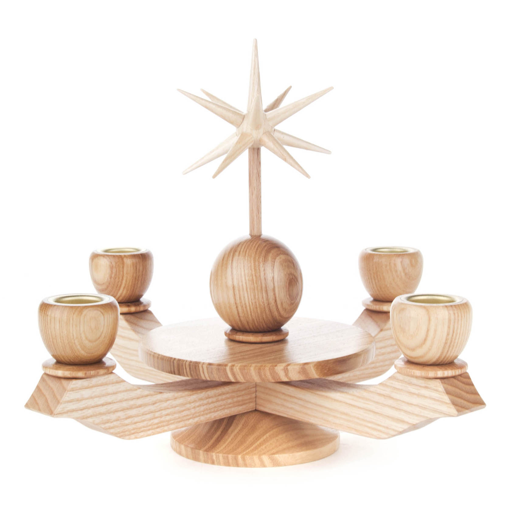 Holz-Adventsleuchter mit einem zentralen Stern auf einer Kuppel und vier Kerzenhaltern, geeignet für Kerzen mit 22 mm Durchmesser. im Dregeno Online Shop günstig kaufen
