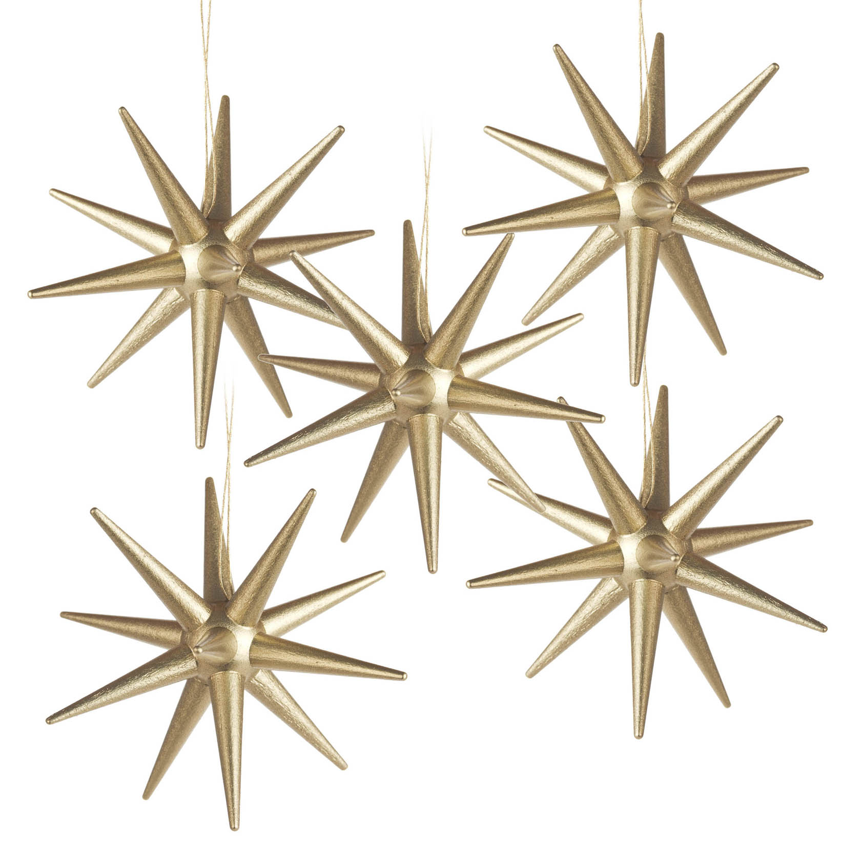 Fünf goldene, dreidimensionale Sterne mit langen, spitzen Zacken, die von dünnen Fäden hängen. im Dregeno Online Shop günstig kaufen