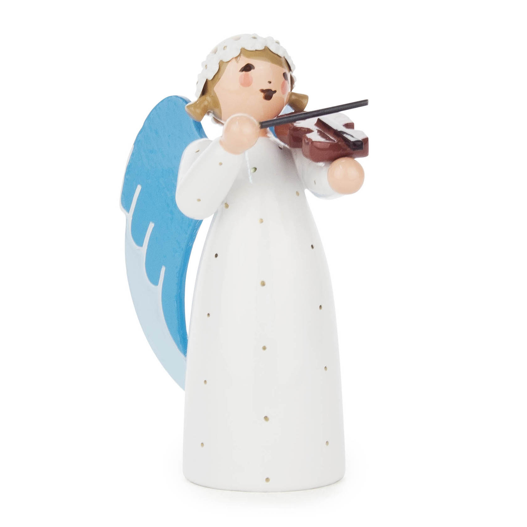 Holzengel-Figur mit blauen Flügeln spielt auf einer Geige. Der Engel trägt ein weißes Kleid und hat blondes Haar. im Dregeno Online Shop günstig kaufen