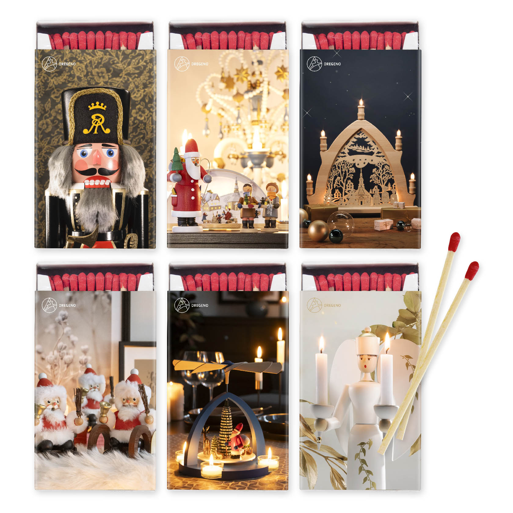 Sechs Schachteln Kaminhölzer mit unterschiedlichen Weihnachtsmotiven, darunter Nussknacker, Schwibbogen, Kerzen und Weihnachtsmänner, zwei lose Streichhölzer. im Dregeno Online Shop günstig kaufen