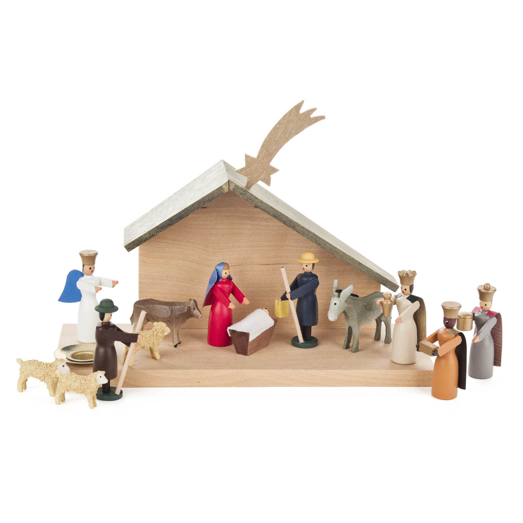 Holz-Weihnachtskrippe mit 14 Figuren: Maria, Josef, Jesus im Stall, drei Könige, Hirten, Schafe, ein Esel und ein weiteres Tier, sowie ein Stern über dem Dach. im Dregeno Online Shop günstig kaufen