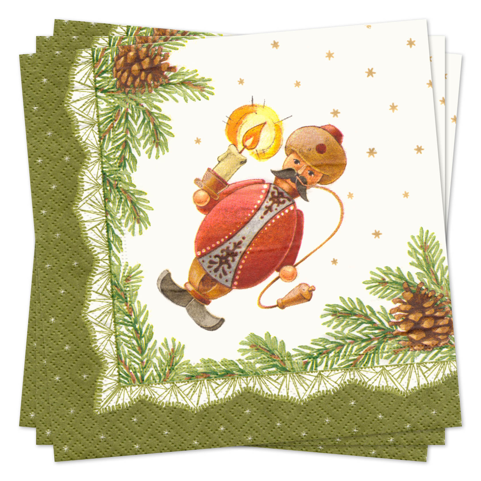 Eine Serviette mit einem Motiv eines traditionellen Räuchermanns in rotem Gewand, der eine Kerze hält. Umgeben von Tannenzweigen und Tannenzapfen. im Dregeno Online Shop günstig kaufen
