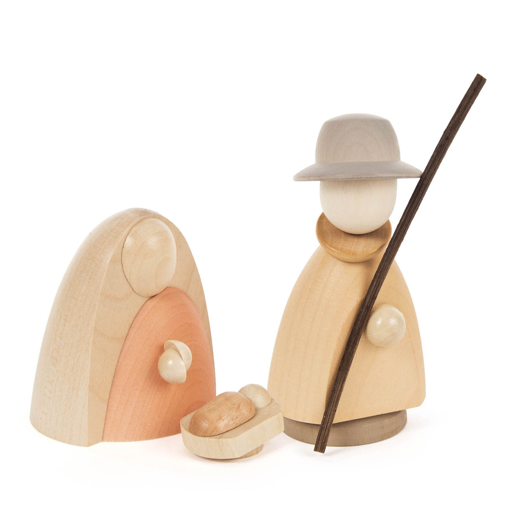 Holzfigurenset der Heiligen Familie: Maria, Josef mit Hut und Stab, und das Jesuskind in der Krippe. im Dregeno Online Shop günstig kaufen