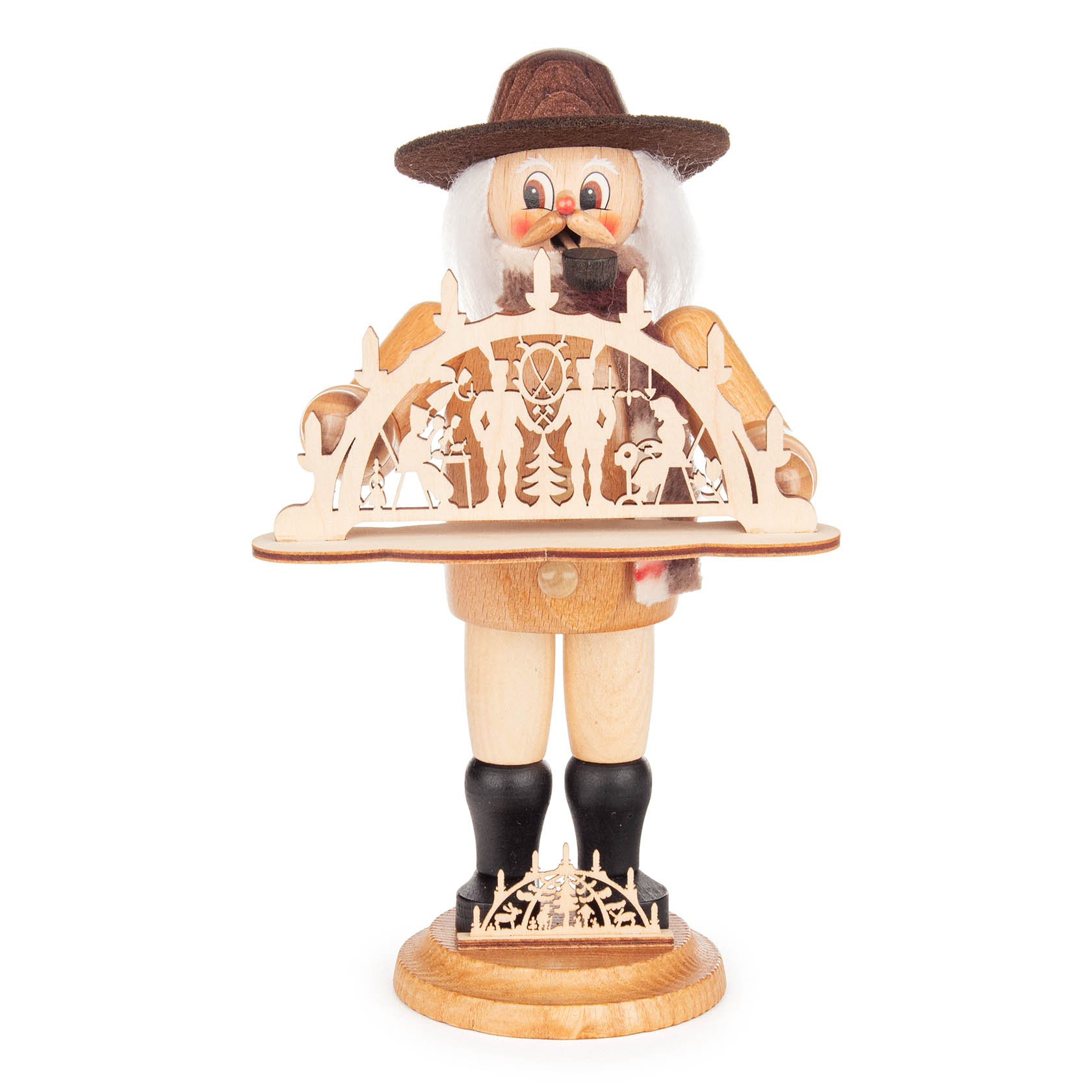 Räuchermann als Schwibbogenverkäufer, trägt traditionellen Hut und hält einen kleinen Schwibbogen aus Holz in der Hand. im Dregeno Online Shop günstig kaufen