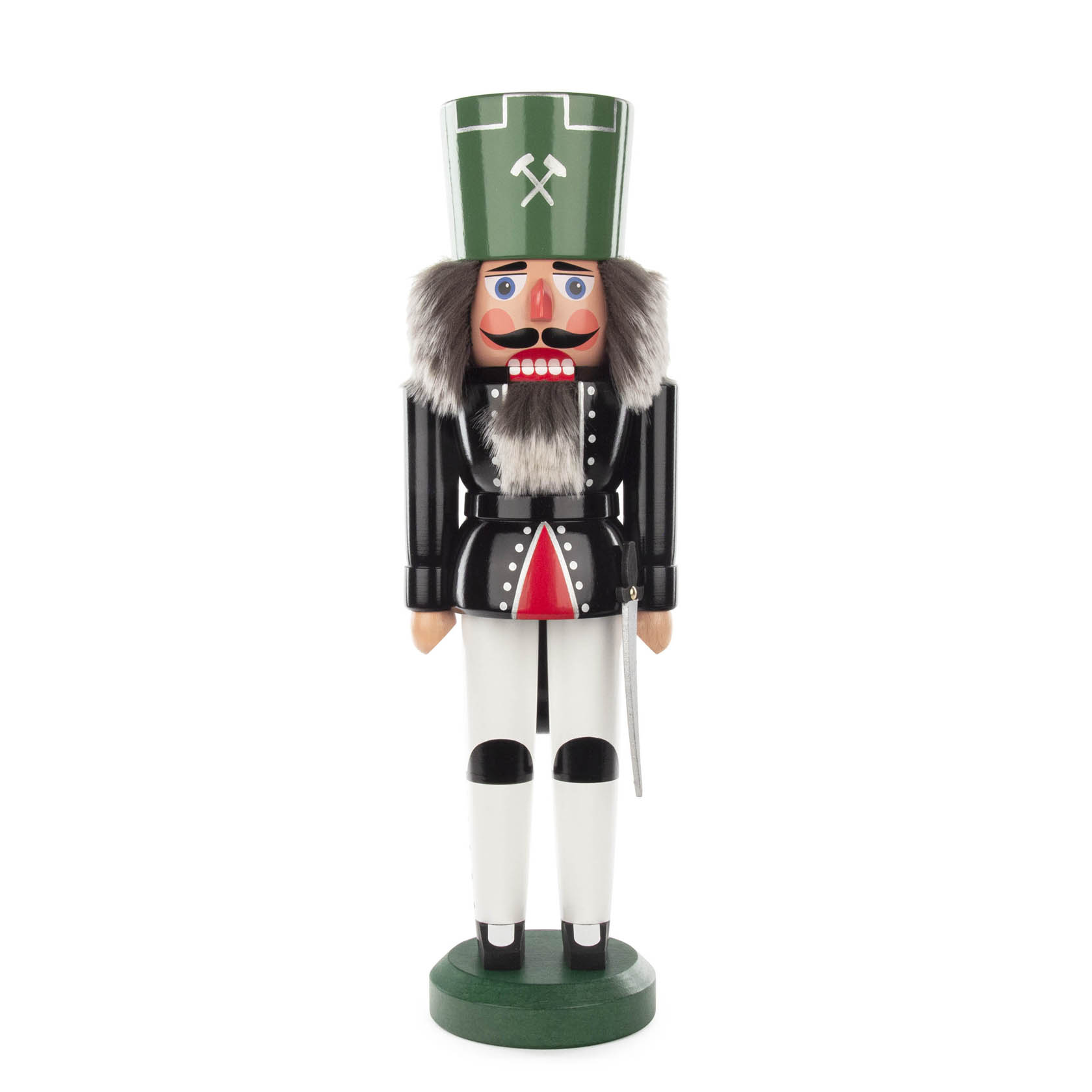 A 40cm tall nutcracker dressed as a traditional miner, wearing a green hat with white crossed hammers emblem, accented with fur trim and a bushy beard. im Dregeno Online Shop günstig kaufen