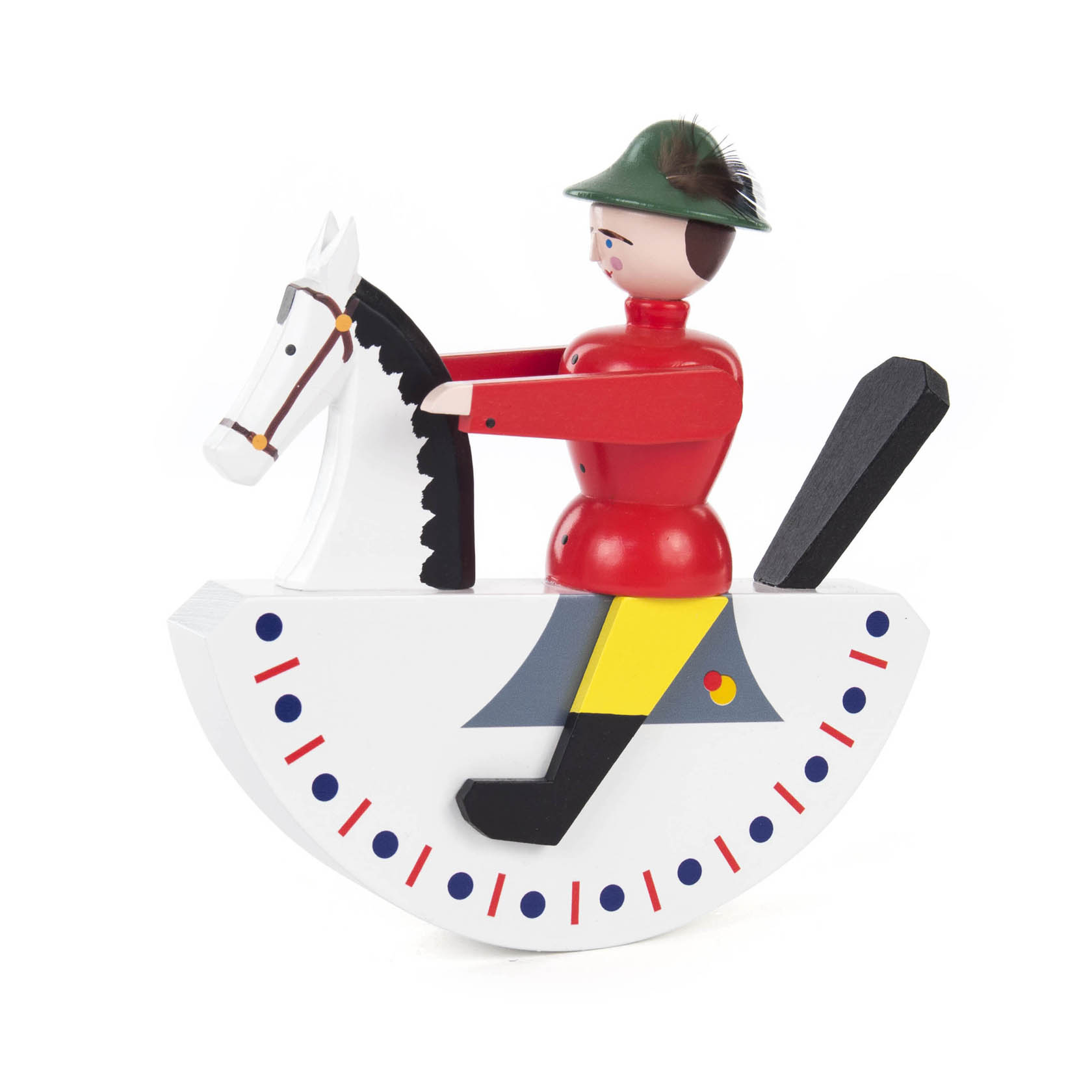 Holzspielzeug eines Reiters in rotem Mantel und grünem Hut auf einem schaukelnden weißen Holzpferd. Figur ist 15 cm hoch. im Dregeno Online Shop günstig kaufen
