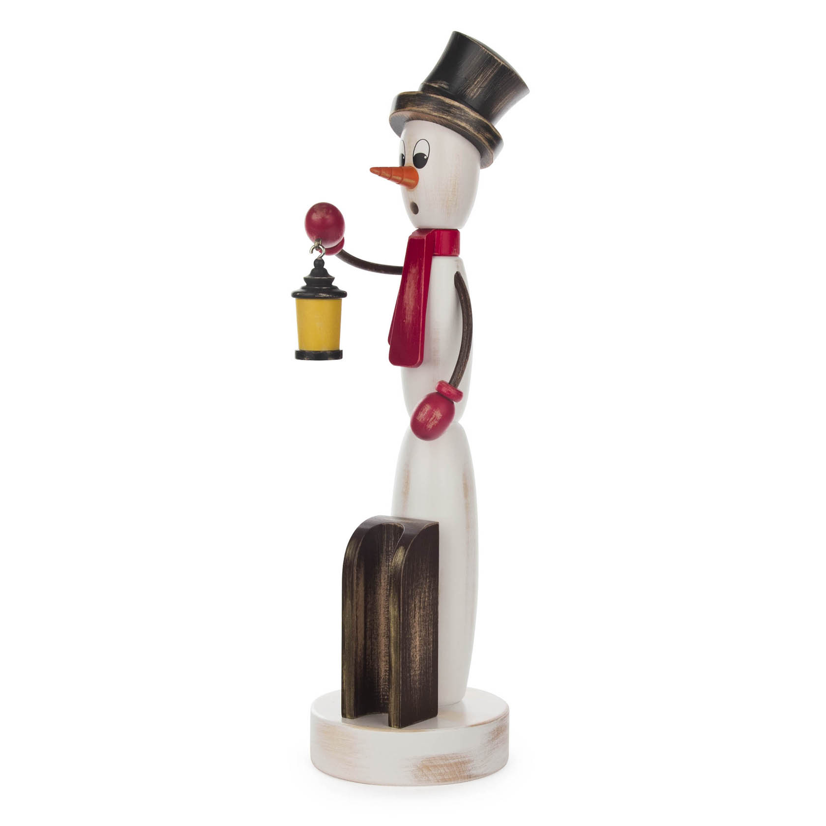 Ein Räuchermann in Form eines Schneemanns im Shabby Chic Stil, mit schwarzem Zylinderhut, Halstuch, roten Handschuhen und einer Laterne. im Dregeno Online Shop günstig kaufen