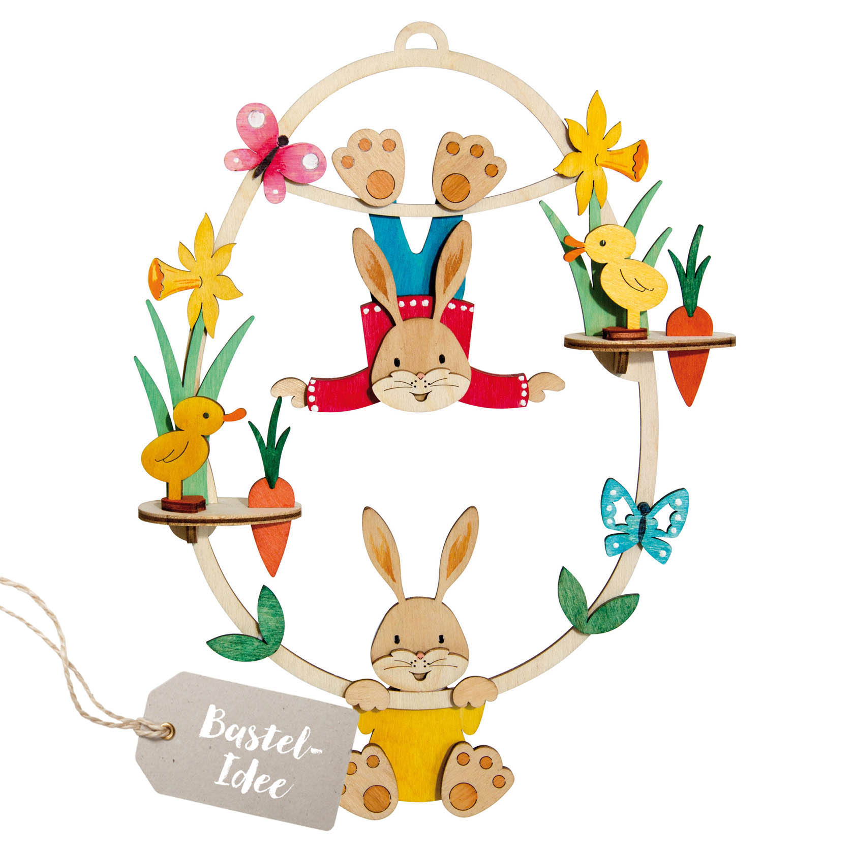 Craft set with two playful wooden bunnies in colorful outfits swinging on a frame decorated with flowers, carrots, chicks, and butterflies. im Dregeno Online Shop günstig kaufen