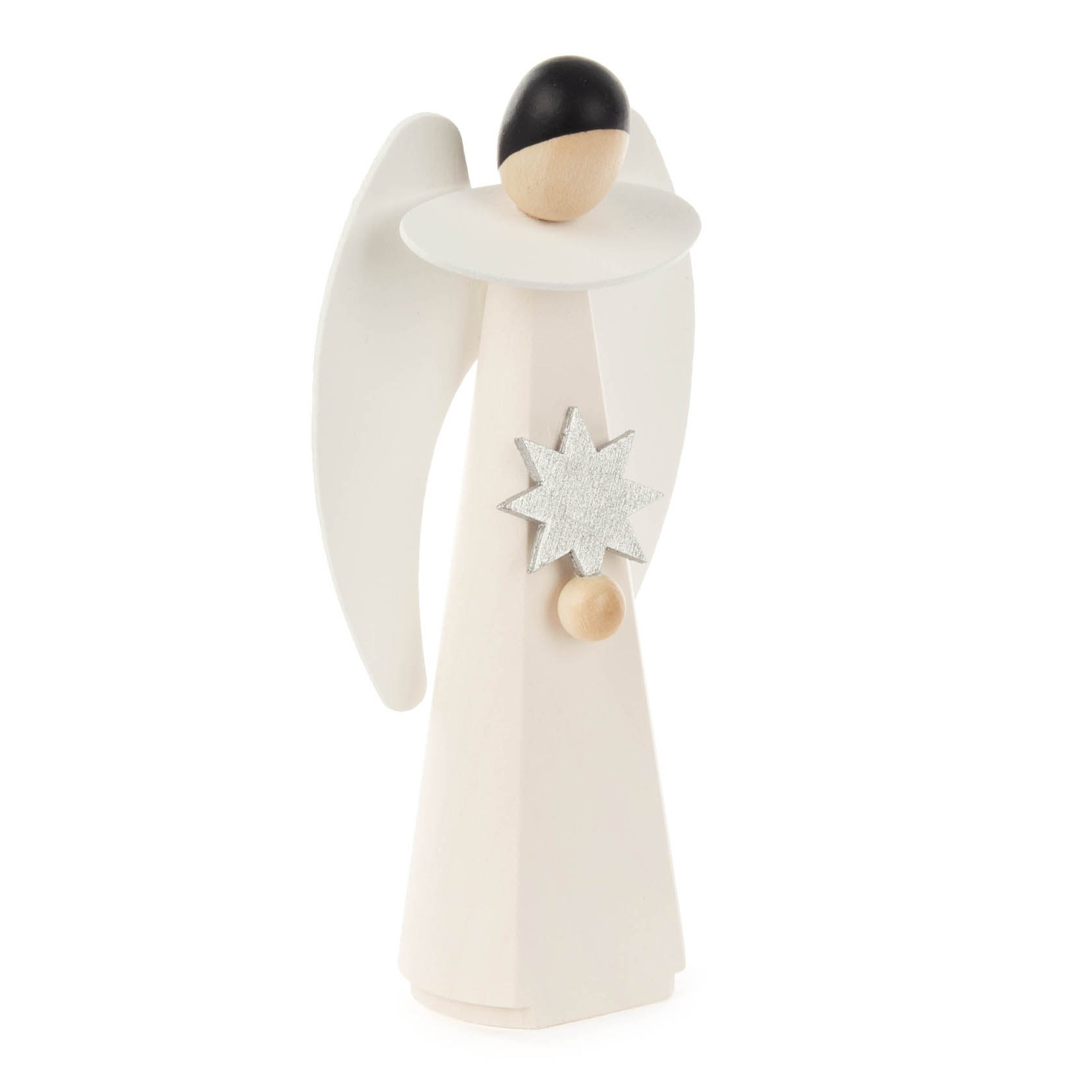 A wooden white angel figurine with a black head, holding a silver star, standing 11cm tall.