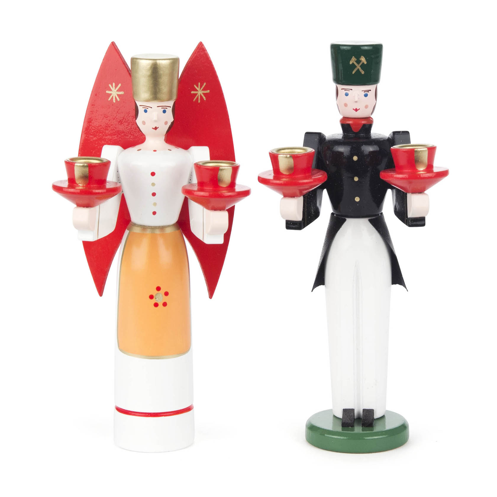 Zwei traditionelle Holzfiguren: Eine Engelfigur mit roten Flügeln in weiß-rot-goldenem Kleid und ein Bergmann in schwarzer Uniform, beide halten Kerzenhalter. im Dregeno Online Shop günstig kaufen