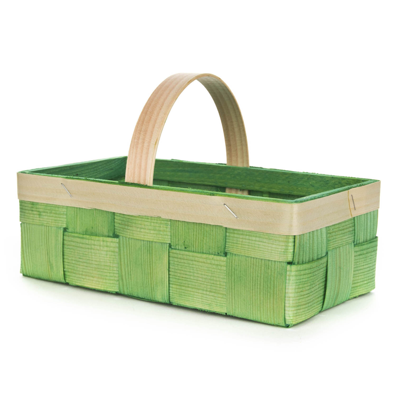 Rechteckiger grüner Spankorb mit Henkel, aus geflochtenem Material. im Dregeno Online Shop günstig kaufen