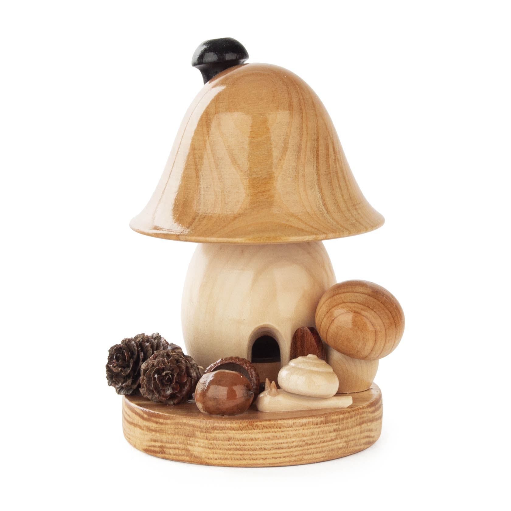 Ein großer Räucherpilz in Glockenform aus Holz mit einer glänzenden Oberfläche, begleitet von kleinen Holzaccessoires wie Pilze und Tannenzapfen. im Dregeno Online Shop günstig kaufen