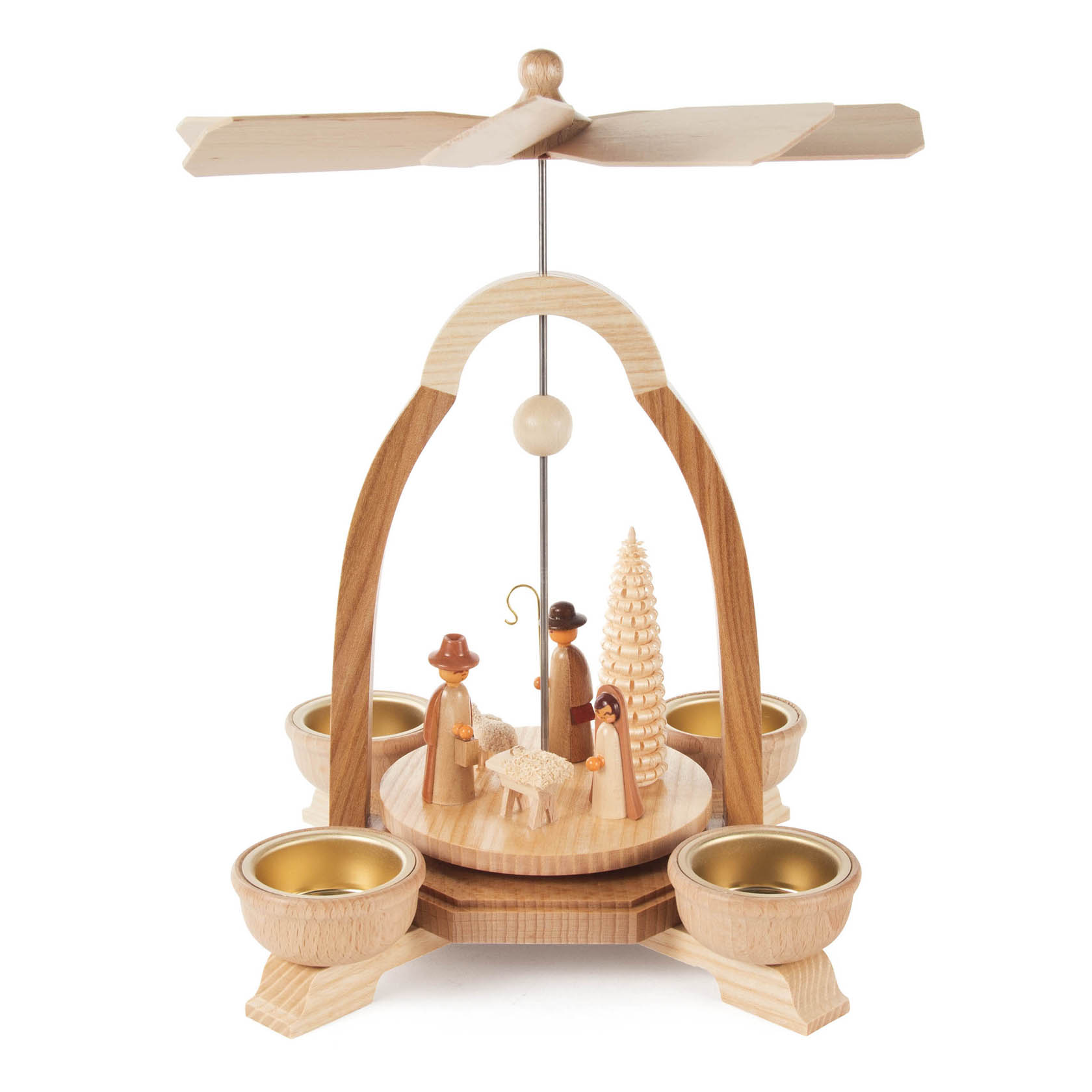 Holzpyramide mit Christi-Geburt-Szene, zeigt Maria, Josef, das Christkind in der Krippe und weitere Figuren. Vier Teelichthalter um die Plattform. im Dregeno Online Shop günstig kaufen
