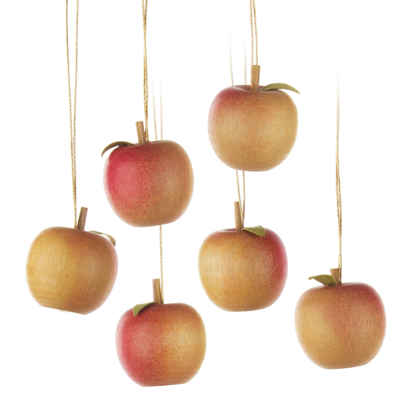 Sechs hölzerne, rot-gelb gefärbte Äpfel mit grünem Blatt, die an goldenen Fäden hängen. im Dregeno Online Shop günstig kaufen