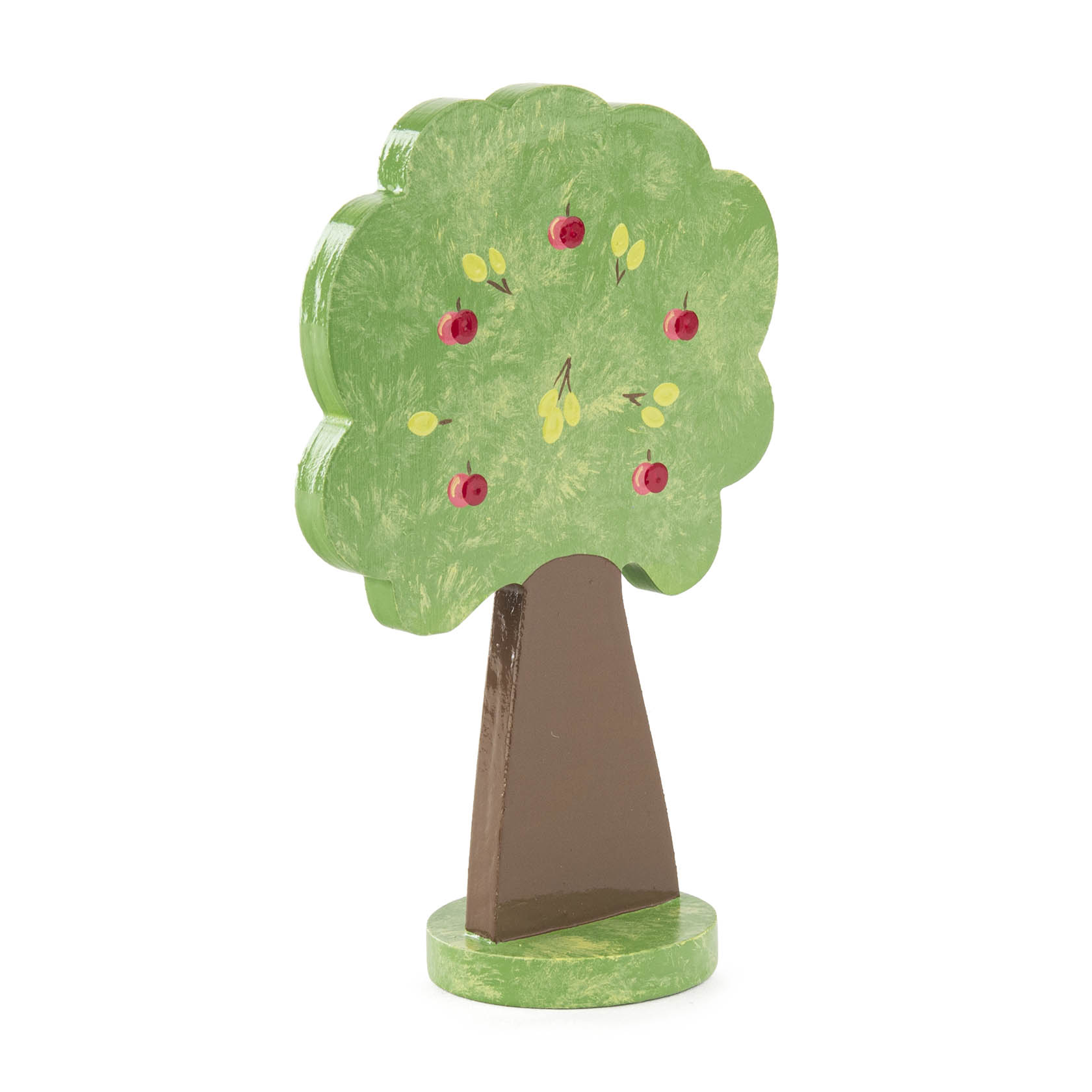 Flacher, großer Apfelbaum aus Holz, 11 cm hoch, mit grüner Krone und aufgemalten roten Äpfeln und gelben Blättern.