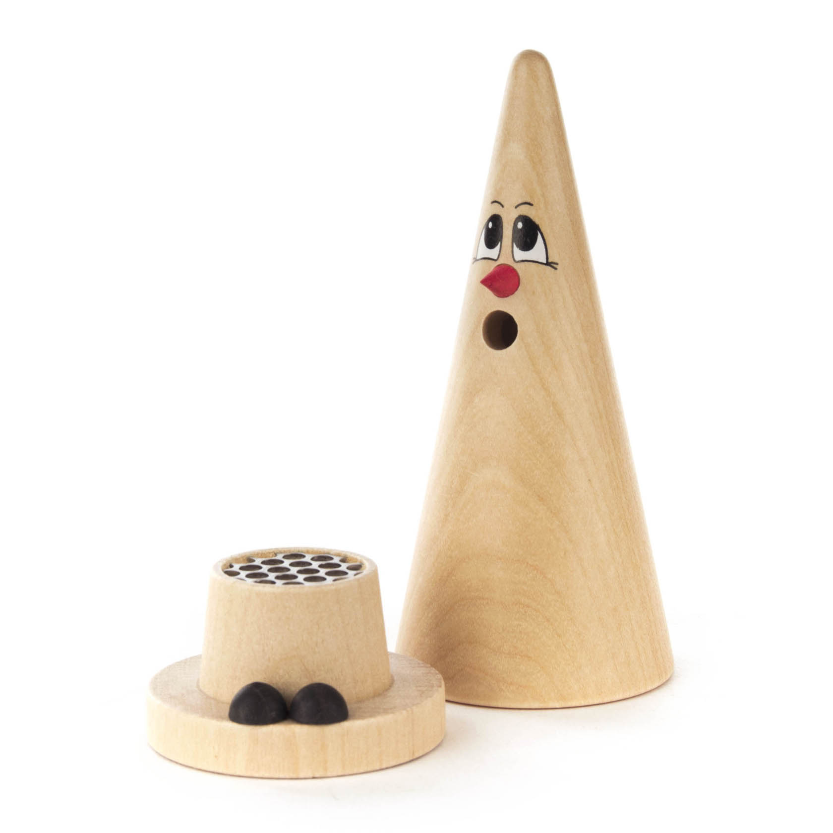 Räucherfigur aus hellem Holz mit spitzem, bemaltem Kopf und abnehmbaren Sockel mit Platz für Räucherkerzen.