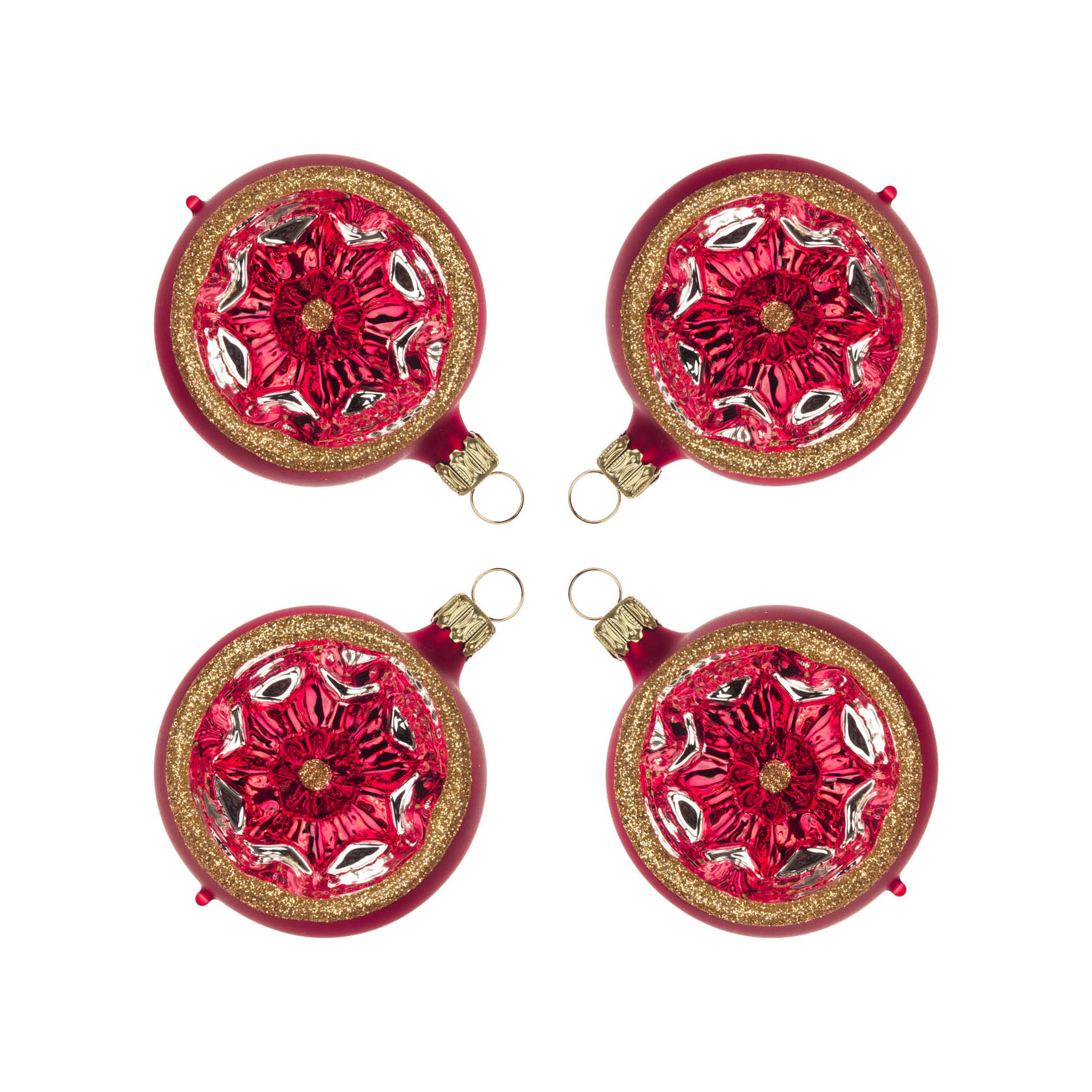 Vier rote, matte Christbaumkugeln mit goldenem Glimmer und reflektierendem Muster in der Mitte. im Dregeno Online Shop günstig kaufen