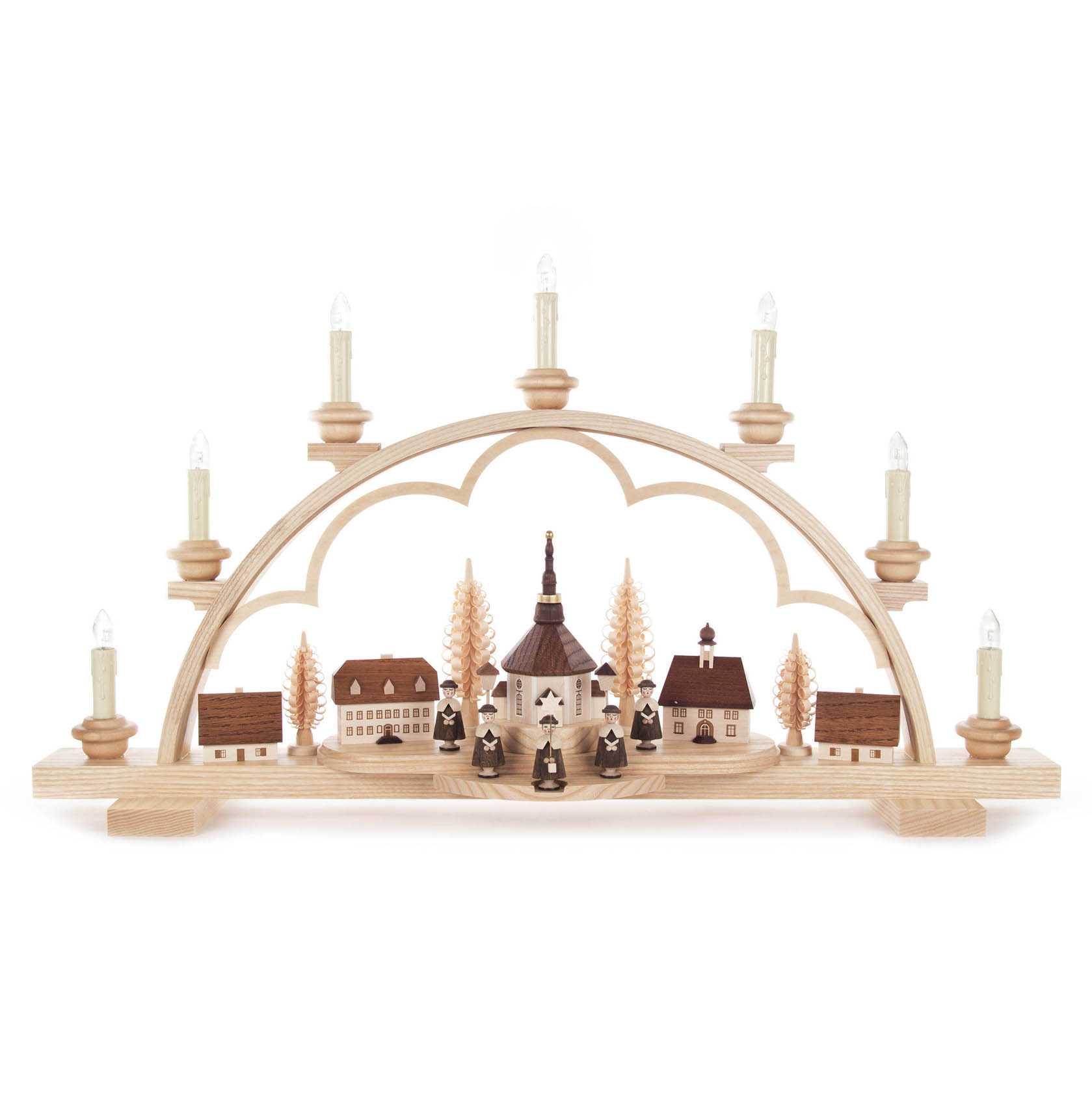 Schwibbogen mit einer Darstellung des Seiffener Dorfes inklusive Kirche und Kurrende, ausgestattet mit elektrischer Beleuchtung. im Dregeno Online Shop günstig kaufen