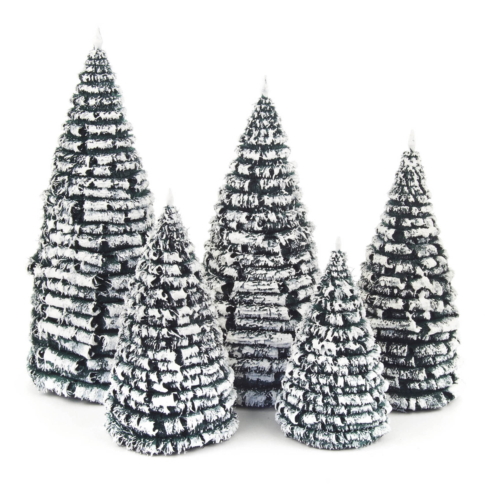 Fünf dekorative Miniatur-Raureifbäume in verschiedenen Größen von 8 bis 16 cm, mit grünen Zweigen und weißer Raureifimitation. im Dregeno Online Shop günstig kaufen