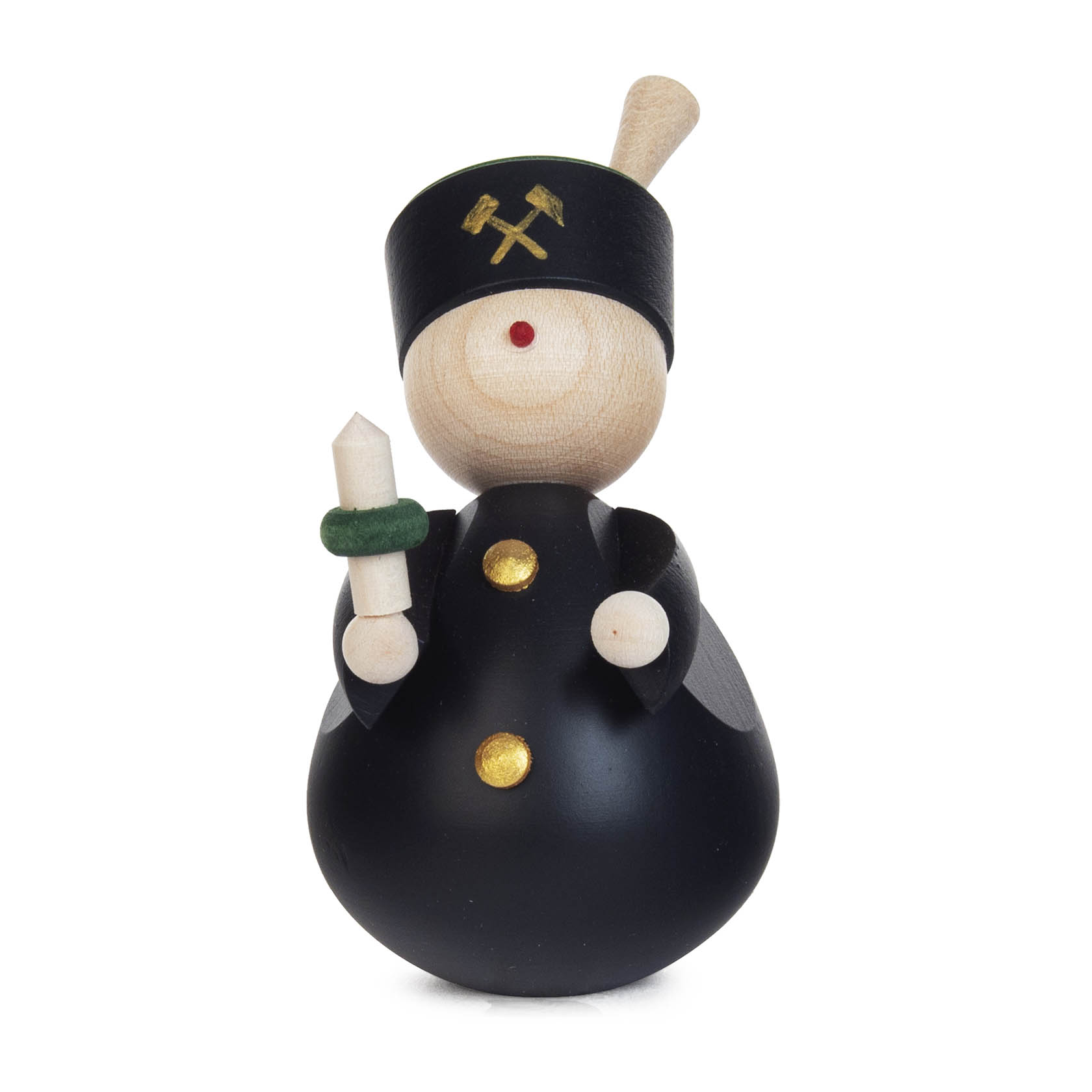 Holzfigur eines Bergmanns mit schwarzer Uniform und goldenen Knöpfen. Er trägt eine Grubenlampe in der rechten Hand sowie einen schwarzen Hut mit goldenen Hämmern.