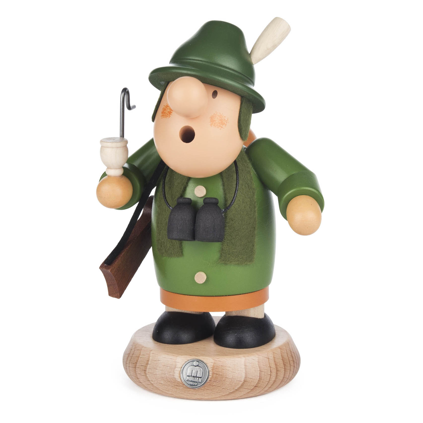 Holzfigur eines Försters in grünem Outfit mit Pfeife, Fernglas und Hut, traditionell als Räuchermann gestaltet. Steht auf einem runden Sockel. im Dregeno Online Shop günstig kaufen