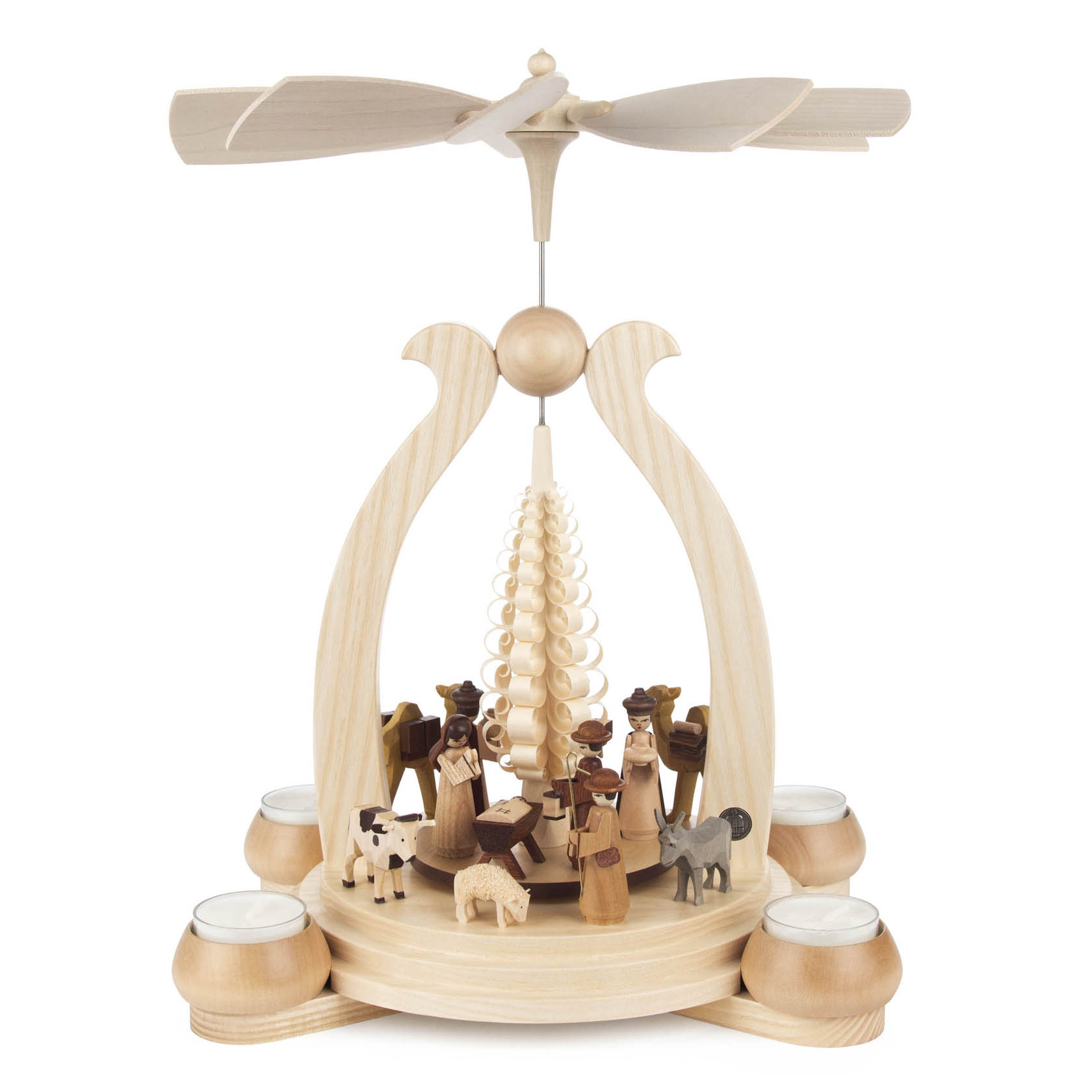 Holzpyramide mit Figuren der Christi Geburt und Platz für vier Teelichter. Die Pyramide hat einen Propeller oben und zeigt Maria, Josef, das Jesuskind und Tiere. im Dregeno Online Shop günstig kaufen