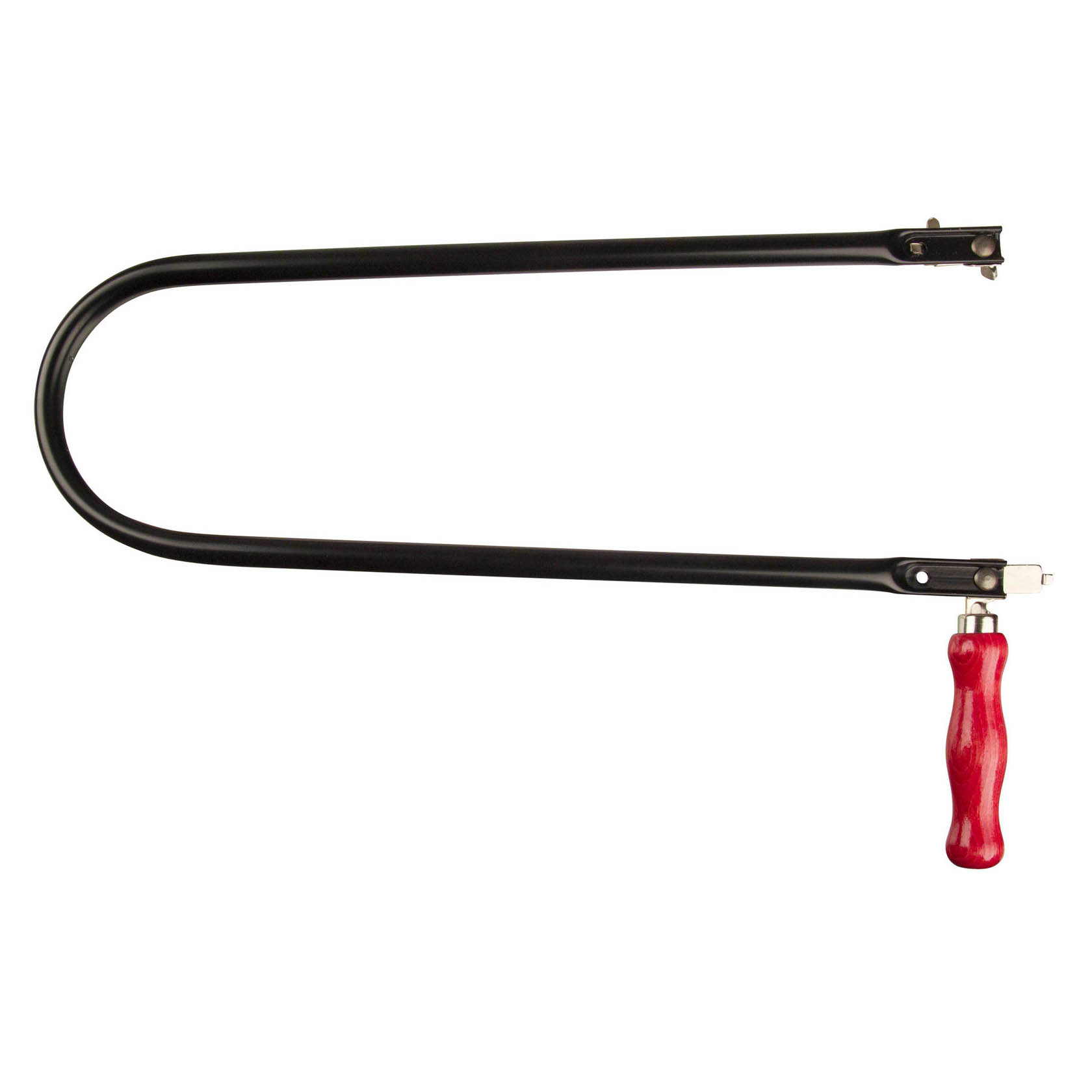 Ein Laubsägebogen mit einer Ausladung von 400mm, einem schwarzen Rahmen und einem roten Holzgriff ist abgebildet. im Dregeno Online Shop günstig kaufen