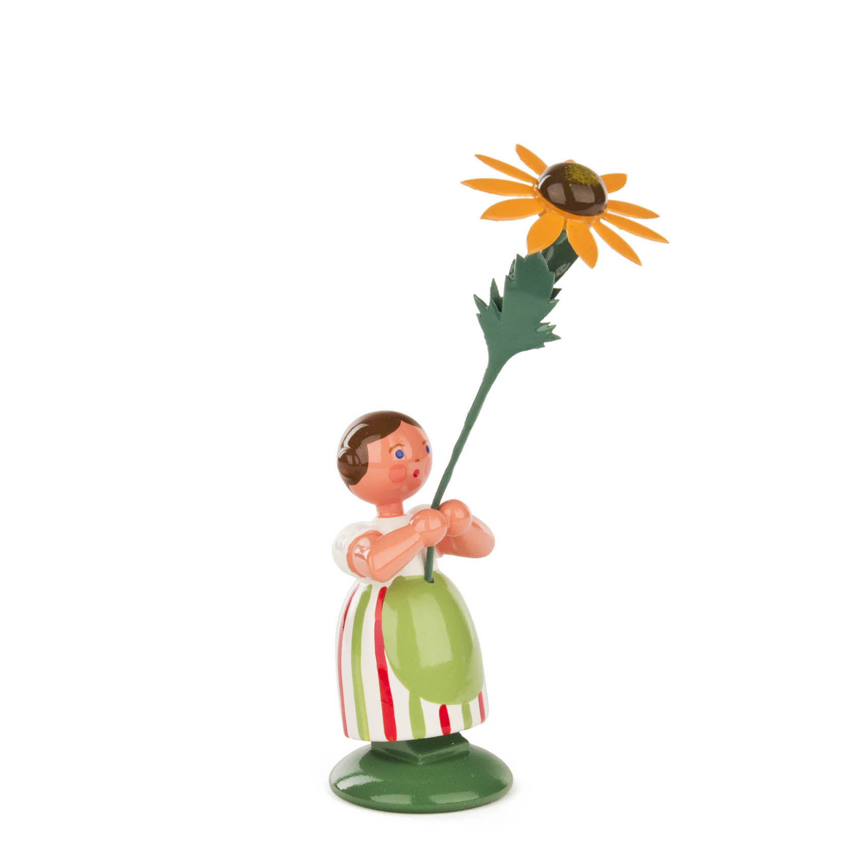 Holzfigur eines Mädchens in einem gestreiften Kleid, das mit beiden Händen eine große Sonnenhut-Blume hält. im Dregeno Online Shop günstig kaufen