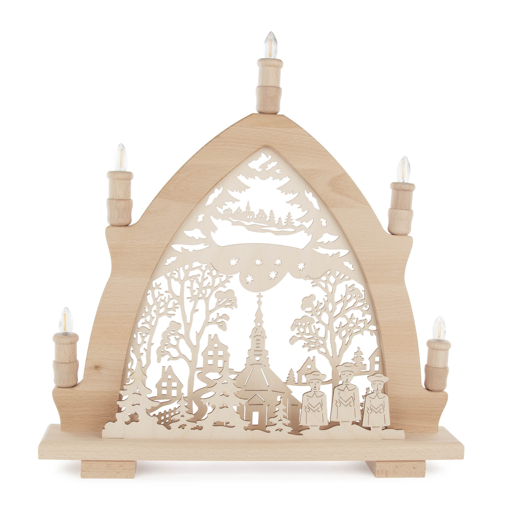 Holzleuchterbogen mit fünf LED-Kerzen, verziert mit der Silhouette der Seiffener Kirche und Figuren. Weitere Details sind Bäume und ein Schlitten im oberen Bereich. im Dregeno Online Shop günstig kaufen