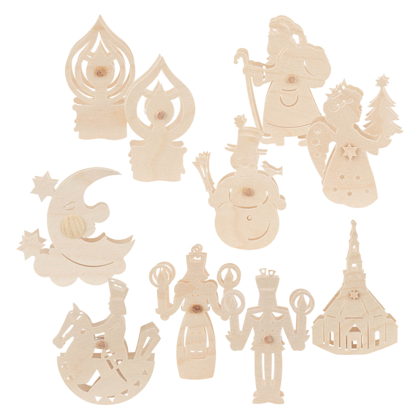 Zehn Kerzenaufstecker aus Holz, die traditionelle Erzgebirgsfiguren darstellen, darunter Engel, Nussknacker, Schneemann und Talglocke. im Dregeno Online Shop günstig kaufen