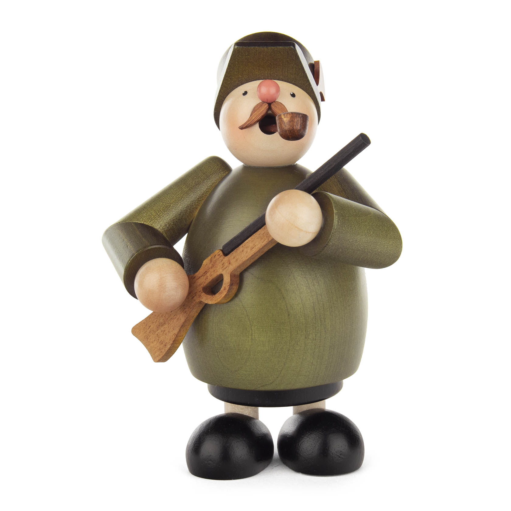 A traditional wooden smoker figurine of a hunter with a round body, holding a rifle and wearing a hat, featuring a painted red nose and pipe.