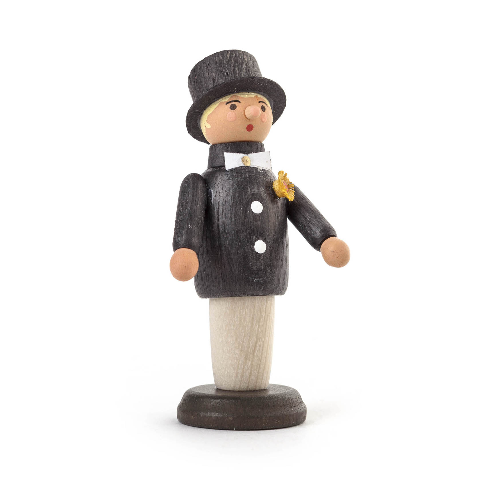 Holzfigur eines Bräutigams mit schwarzem Anzug, Zylinderhut und gelber Blume am Revers. im Dregeno Online Shop günstig kaufen