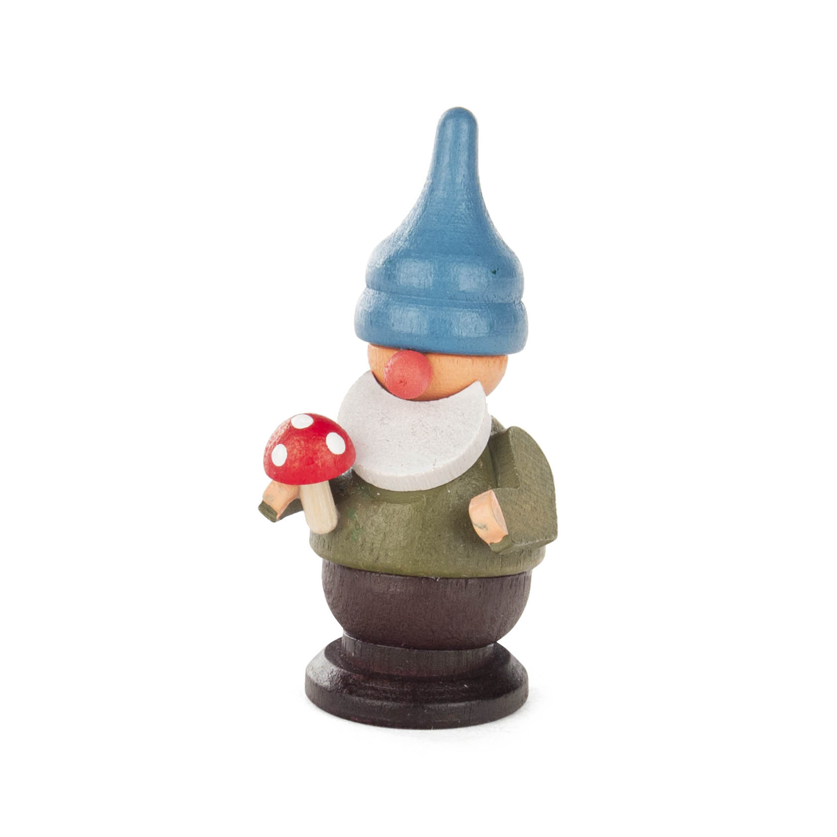 Ein Holzzwerg mit blauer Mütze, grauem Bart, grüner Jacke und brauner Hose hält einen kleinen, roten Fliegenpilz in der Hand. im Dregeno Online Shop günstig kaufen